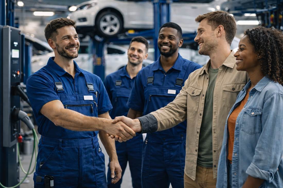 Het PSM-team verwelkomt klanten in de werkplaats